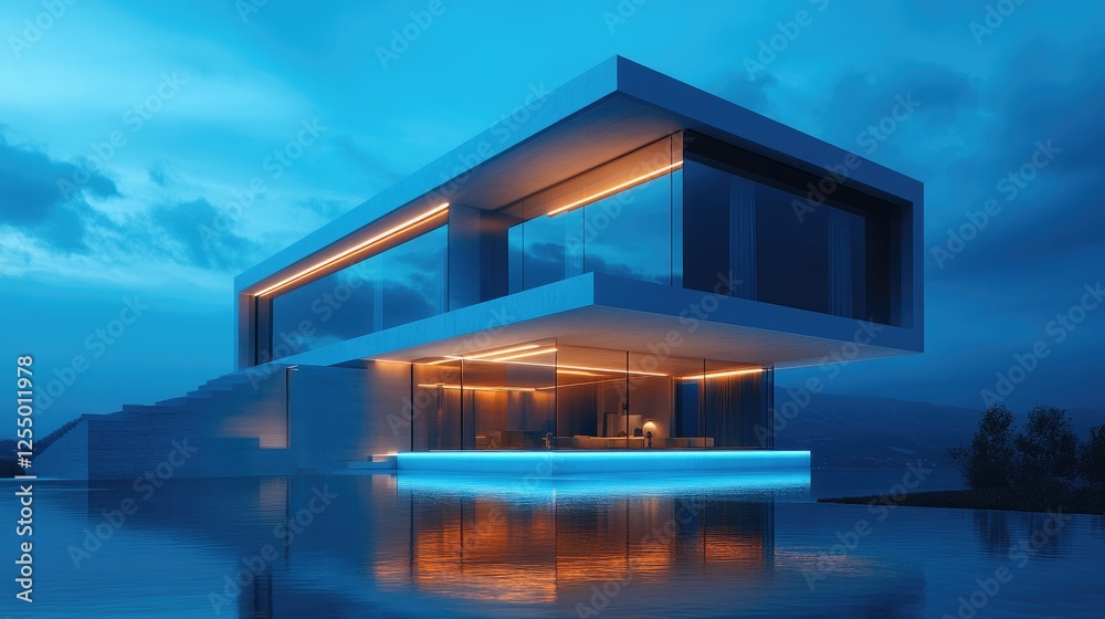 Modern luxury villa reflecting in infinity pool at dusk Modern luxury villa reflecting in infinity pool at dusk