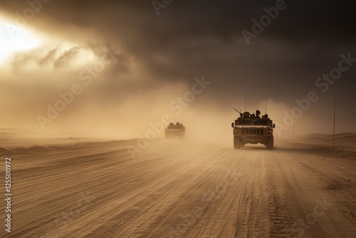 Military forces maneuvering through a desert storm and swirling dust in a challenging landscape photo