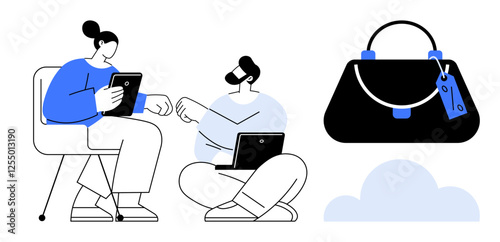 Two individuals engage with tablets and laptops, exploring handbag options together. Ideal for e-commerce, digital communication, teamwork, fashion, online retail, shopping modern tech. Abstract