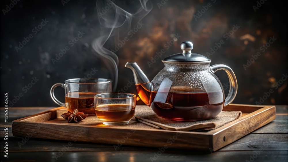 Aromatic Steam Rising from a Glass Teapot and Cups on a Wooden Tray Aromatic Steam Rising from a Glass Teapot and Cups on a Wooden Tray