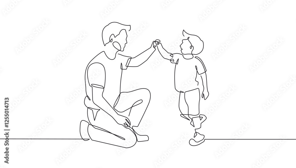 Father with Son One Line Vector Illustration. Continuous Single Line Drawing of Dad Playing with Child. Happy Father`s Day Card with Hand Drawn Contour Silhouette Outline Style Father with Son One Line Vector Illustration. Continuous Single Line Drawing of Dad Playing with Child. Happy Father`s Day Card with Hand Drawn Contour Silhouette Outline Style