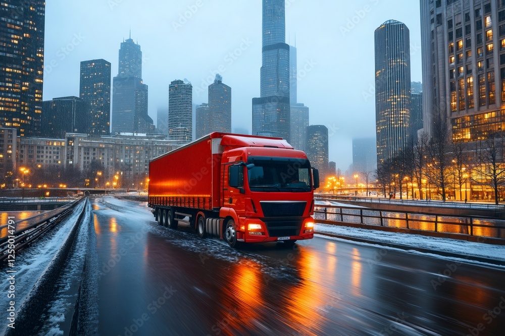 Obraz premium Red delivery truck driving on wet road in chicago at dusk
