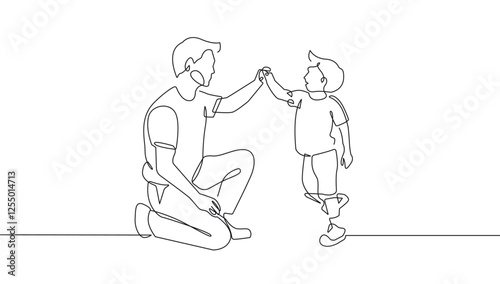Father with Son One Line Vector Illustration. Continuous Single Line Drawing of Dad Playing with Child. Happy Father`s Day Card with Hand Drawn Contour Silhouette Outline Style