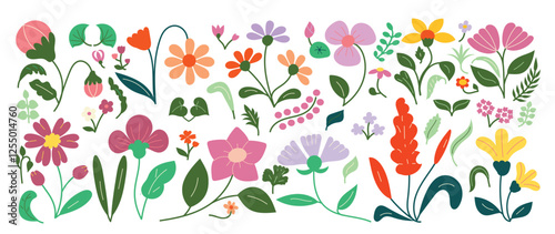 Collection of spring colorful flower elements vector. Set floral of wildflower, leaf branch, foliage on white background. Hand drawn blossom illustration for decor, easter, thanksgiving, clipart.