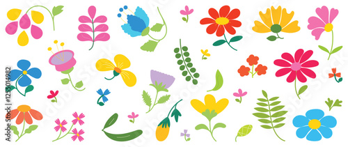 Wallpaper Mural Collection of spring colorful flower elements vector. Set floral of wildflower, leaf branch, foliage on white background. Hand drawn blossom illustration for decor, easter, thanksgiving, clipart. Torontodigital.ca