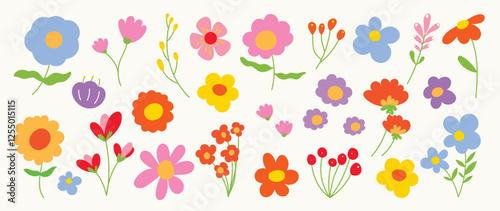 Collection of spring colorful flower elements vector. Set floral of wildflower, leaf branch, foliage on white background. Hand drawn blossom illustration for decor, easter, thanksgiving, clipart.