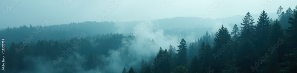 Dense fir forest shrouded in misty foggy atmosphere, misty, fir Dense fir forest shrouded in misty foggy atmosphere, misty, fir