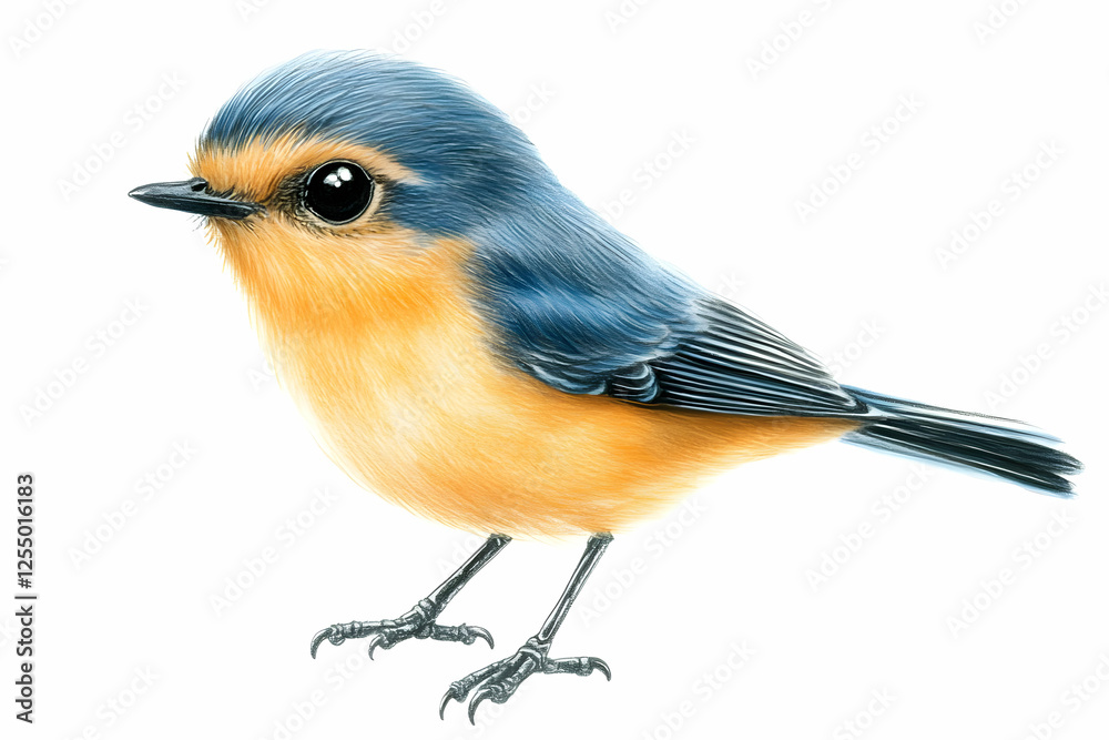 Obraz premium Cute Bird Illustration, Blue and Orange Feathers
