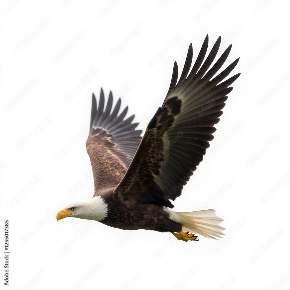 Fototapeta premium A majestic bald eagle glides through the air with its wings fully spread, showcasing its powerful physique and striking coloration.