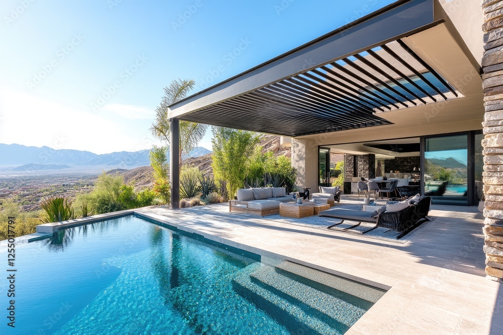 Fototapeta premium Luxurious infinity pool overlooking scenic mountain view in desert landscape