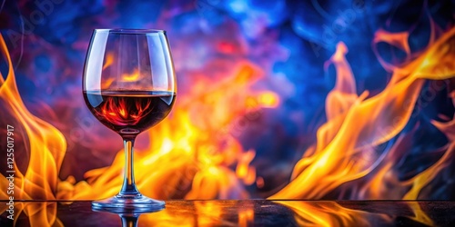 A glass of red wine rests on a dark surface, a fiery inferno ablaze in the background creating a dramatic, warm, and inviting atmosphere.