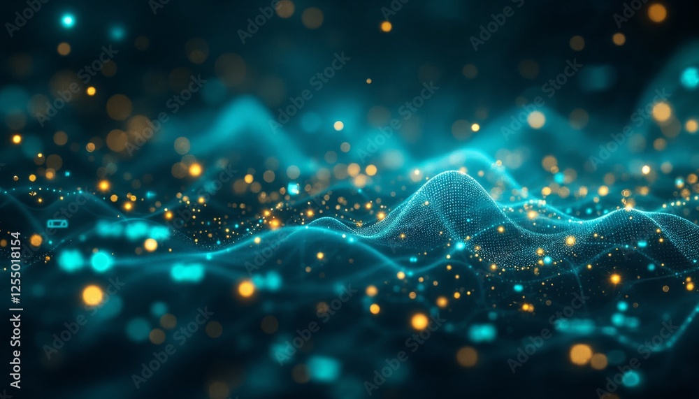 Obraz premium Abstract Futuristic Landscape with Glowing Particles and Data Waves