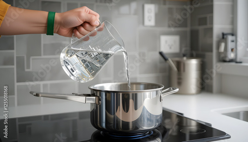 Modern Kitchen Scene with Water Being Poured from Measuring Cup into Stainless Steel Pot on Stovetop for Cooking photo