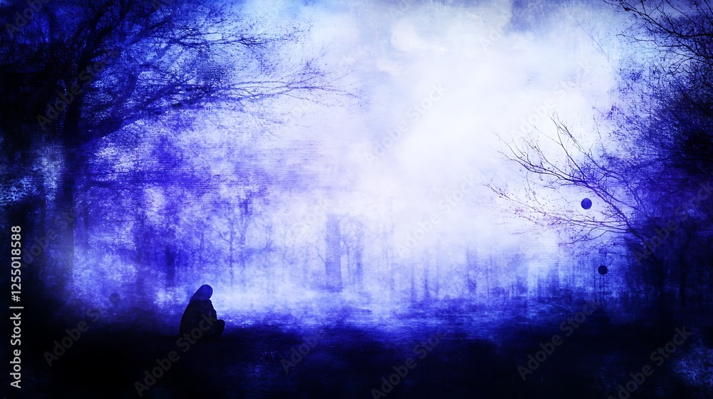 Lone Silhouette Contemplates in a Blue Dreamscape of Forest and Tranquility Under a Spectral Sky Lone Silhouette Contemplates in a Blue Dreamscape of Forest and Tranquility Under a Spectral Sky