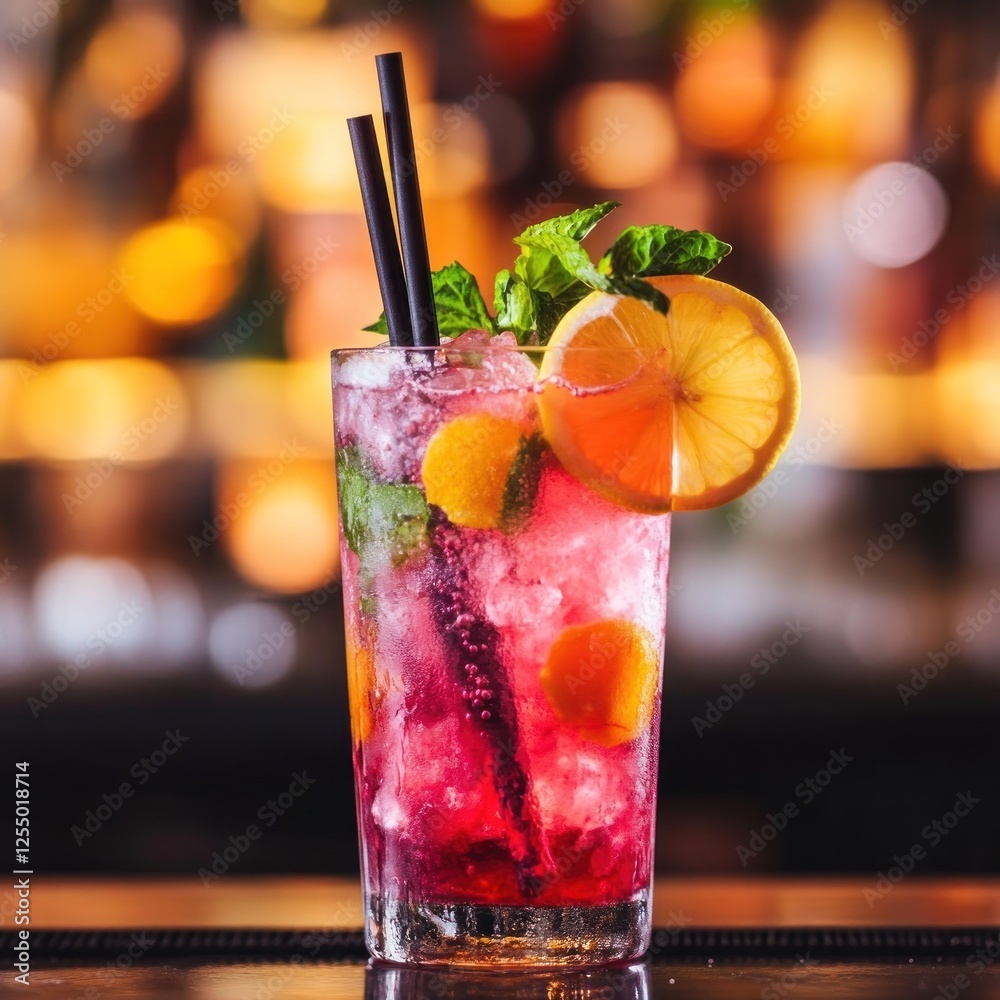 Refreshing pink cocktail, bar setting, summer drink Refreshing pink cocktail, bar setting, summer drink