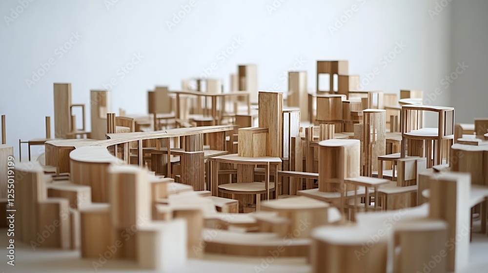 Wooden city model, abstract architecture, minimalist display, for architectural inspiration Wooden city model, abstract architecture, minimalist display, for architectural inspiration
