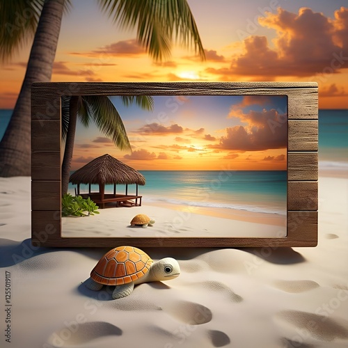 Spectacular tropical beach scene featuring a turtle, wooden frame display, and stunning golden sunset.