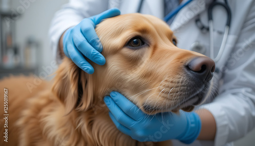 Detailed Veterinary Examination, Golden Retriever with Blue Gloves and White Coat for Pet Health and Wellness photo