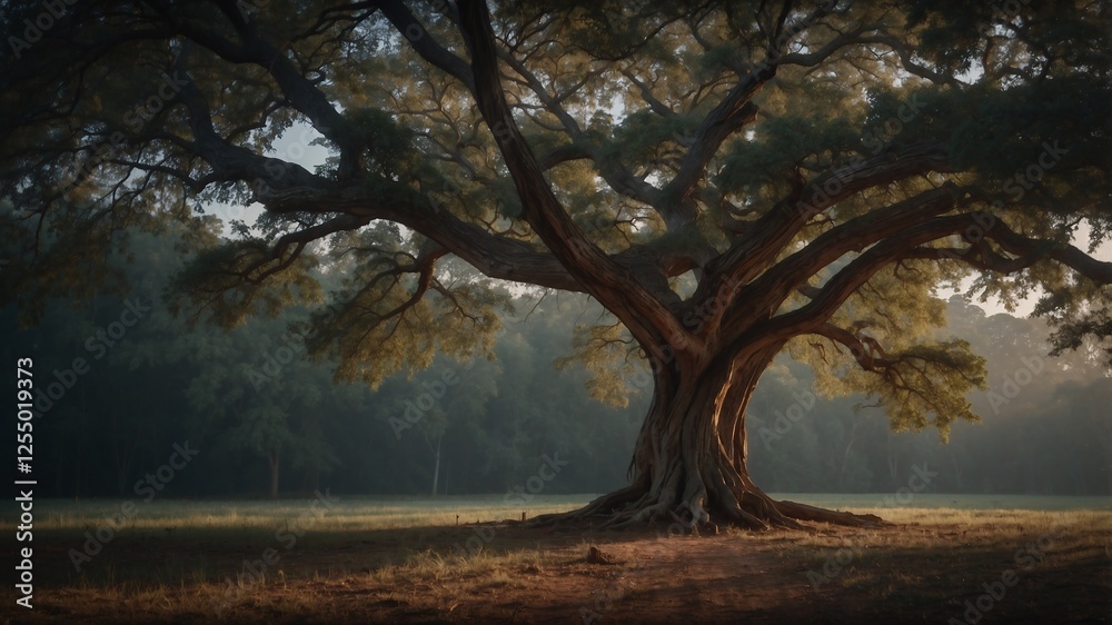 Majestic Tree in Sunlit Forest with Vibrant Greenery and Detailed Bark Majestic Tree in Sunlit Forest with Vibrant Greenery and Detailed Bark