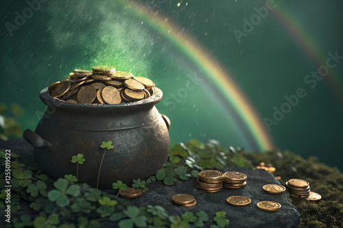 Saint Patrick's Day A pot overflowing with gold coins sits on a stone amidst lush greenery, under a vibrant rainbow, evoking themes of luck and treasure.