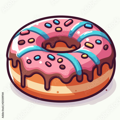 Pink Sprinkle Donut: A delectable donut with pink frosting, drizzled with rich chocolate and sprinkled with colorful sprinkles. The vibrant hues and glossy glaze create a sweet and tempting image.