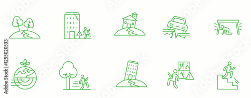 Earthquake line Icon Set.nature, tremor, seismic, fault, shake, damage, alert, warning,   . Vector Illustration
