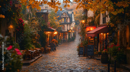 Fototapeta Naklejka Na Ścianę i Meble -  A stunning photography of a cobblestone street in Montmartre, Paris, lined with quaint cafes and artist studios, exuding the charm of old-world France in a highly detailed and awesome composition.