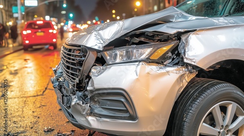 Wallpaper Mural Front view of a silver car with a heavily damaged bumper and hood on a busy urban street at night. Concept of road safety and collision repair. Torontodigital.ca