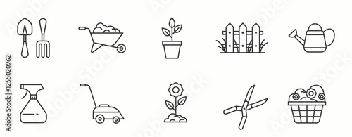 Farming line Icon Set. Nature, soil, field, land, eco, rural life, greenhouse, planting . Vector Illustration