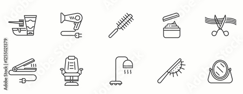 Hair Salon Item line Icon Set . Scissors, shampoo, comb, hairdresser . Vector Illustration