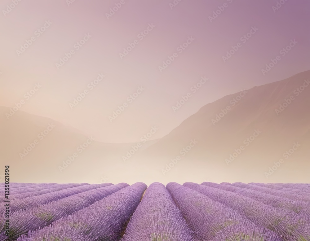 Naklejka premium Beautiful lavender fields stretch under a soft pink sky at dusk, creating a serene and tranquil landscape.