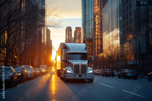 Fototapeta Naklejka Na Ścianę i Meble -  Semi truck driving on city street at sunrise with golden light reflecting on skyscrapers