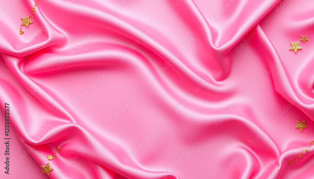 Fototapeta premium A vibrant pink silk fabric with soft folds and golden sparkles, creating a luxurious and glamorous background that is perfect for beauty, fashion, and decorative designs.