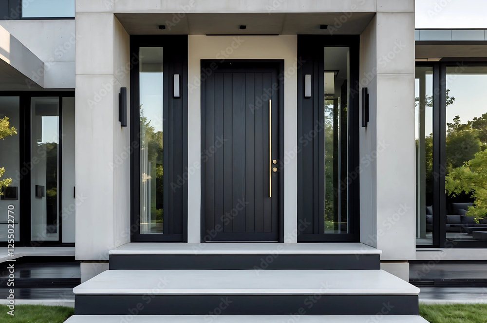 Modern Luxury House with a Black Simple Door, Large Windows, and a Minimalist Concrete and Glass Exterior Featuring Clean Lines and a Monochromatic Color Scheme Modern Luxury House with a Black Simple Door, Large Windows, and a Minimalist Concrete and Glass Exterior Featuring Clean Lines and a Monochromatic Color Scheme
