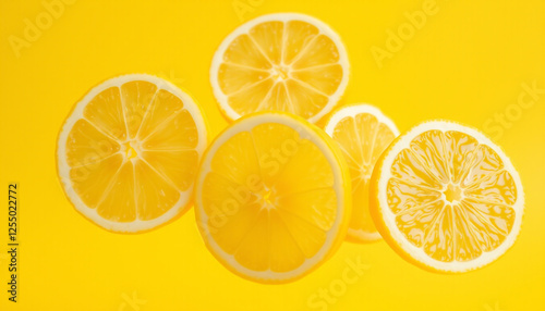 A fresh and bright yellow background with sliced lemons, creating a vibrant and refreshing summer-inspired design full of citrus energy.