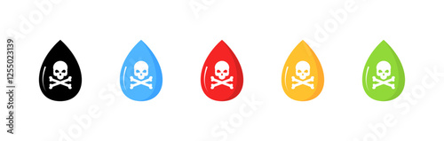 Colorful toxic drop icons with skull and crossbones on white background. Vector icon