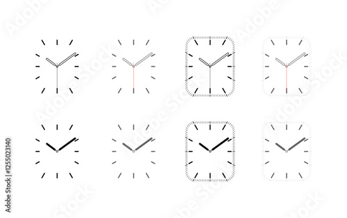 Minimalist clock faces collection with various hand and number styles. Vector icon