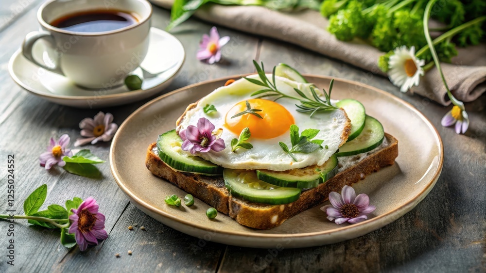 A delicately prepared open-faced sandwich features a fried egg, cucumber slices, and fresh herbs, artistically adorned with edible flowers, served on a rustic wooden table next to a cup of coffee. A delicately prepared open-faced sandwich features a fried egg, cucumber slices, and fresh herbs, artistically adorned with edible flowers, served on a rustic wooden table next to a cup of coffee.