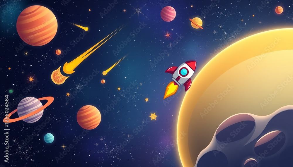 Naklejka premium A futuristic space illustration featuring a rocket traveling through a galaxy filled with planets, stars, and cosmic elements, creating a sci-fi themed imaginative and vibrant artwork.