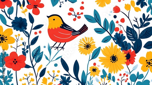 Wallpaper Mural Colorful bird amidst blooming flowers, garden spring scene, nature illustration Torontodigital.ca