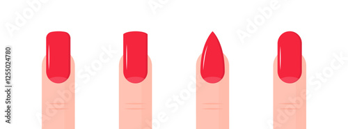 Four red nail shapes on female fingers: square, rectangle, point, oval manicure styles. Vector icon