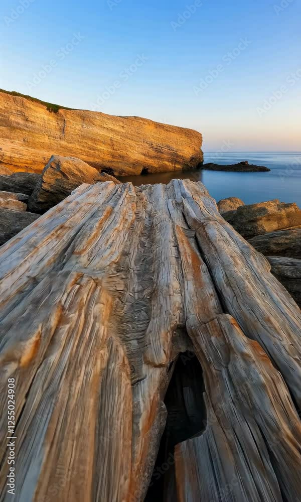 A large log with many holes in it sits on a rocky shore A large log with many holes in it sits on a rocky shore