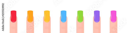 Colorful manicured nails in rainbow shades on white background. Vector icon
