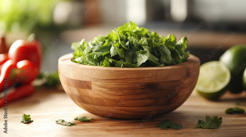 A wooden bowl filled with fresh cilantro, surrounded by tomatoes and lime, ready for cooking. A wooden bowl filled with fresh cilantro, surrounded by tomatoes and lime, ready for cooking.