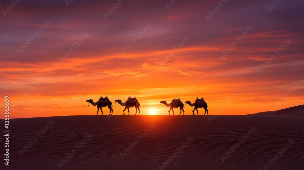 Silhouettes of camels at sunset in desert Silhouettes of camels at sunset in desert