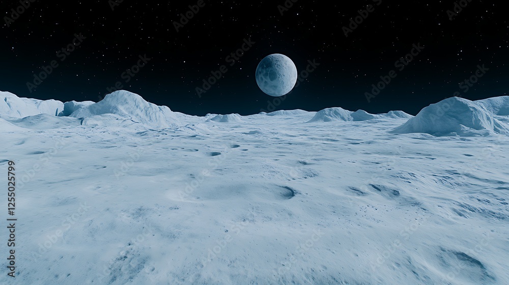 Lunar Landscape and Celestial Sphere with Asterisms and Cold Ground Ice Under Moonlight Glow Lunar Landscape and Celestial Sphere with Asterisms and Cold Ground Ice Under Moonlight Glow