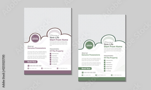 Real estate company flyer template design. Modern home sale poster with abstract geometric shape. Creative banner for housing or property business agency. Digital online marketing and promotion cover.