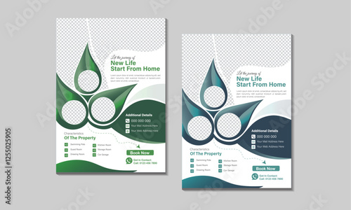 Real estate company flyer template design. Modern home sale poster with abstract geometric shape. Creative banner for housing or property business agency. Digital online marketing and promotion cover.