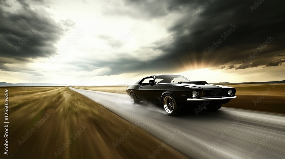 Classic black muscle car driving through an open field with dramatic sky at sunset. Vintage and freedom. Classic black muscle car driving through an open field with dramatic sky at sunset. Vintage and freedom.