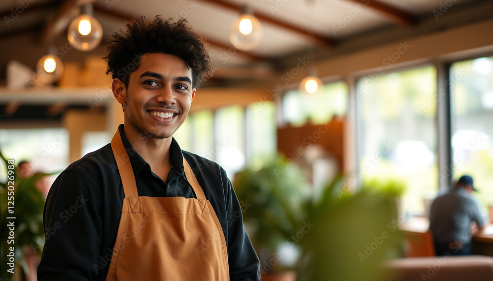 Fototapeta premium A young smiling barista in a modern caf�, standing confidently with a warm expression, representing hospitality, customer service, and passion for the coffee business.